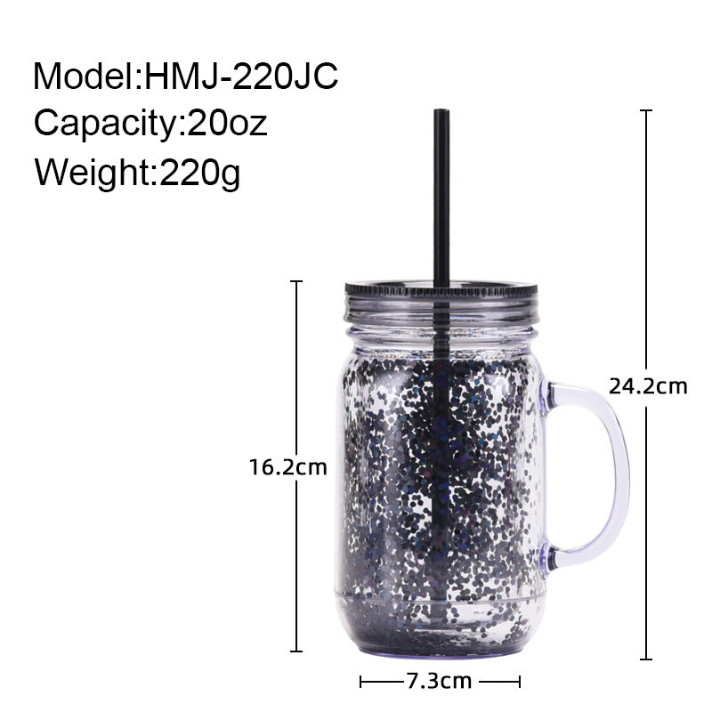 Wholesale Transparent Glitter Plastic Canned Cup with Handle Double Layer Plastic with Straw
